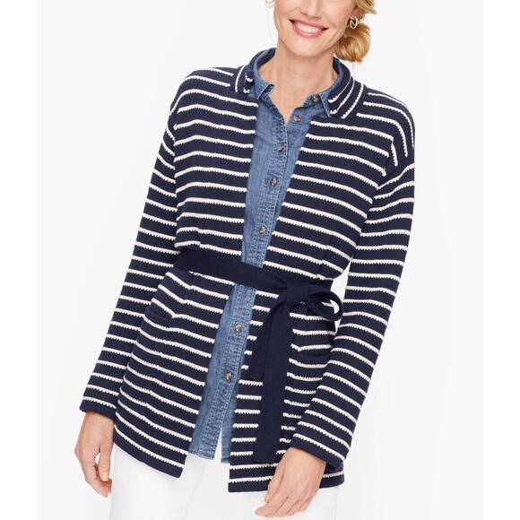 Talbots Supersoft Belted Cardigan Navy Blue White Stripe XL cotton cashmere - Picture 1 of 10